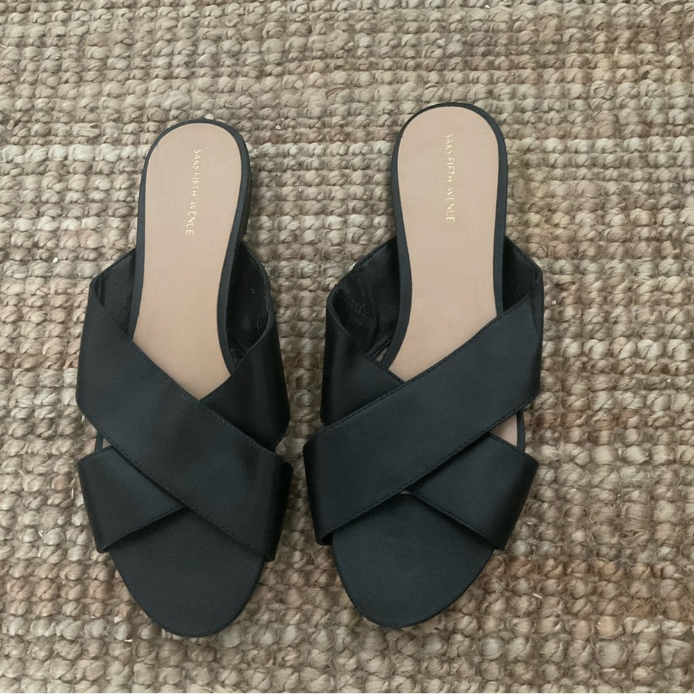 Saks Fifth Avenue Black Strap Slides